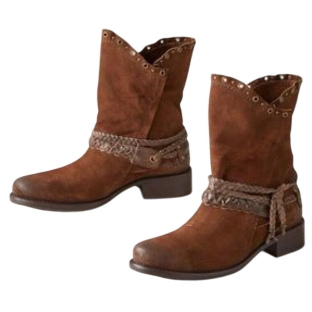 Sundance Brown Suede Braided Wrap‎ Mid-Calf Boots Grommet Accents 36-01342 6.5